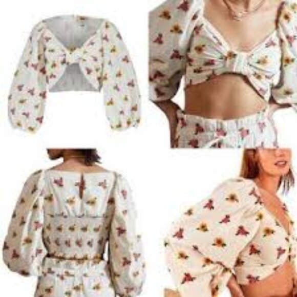 FARM RIO Mixed Cross Stitch Embroidered Flowers Puff Sleeve White Crop Top Sz M - Picture 10 of 11